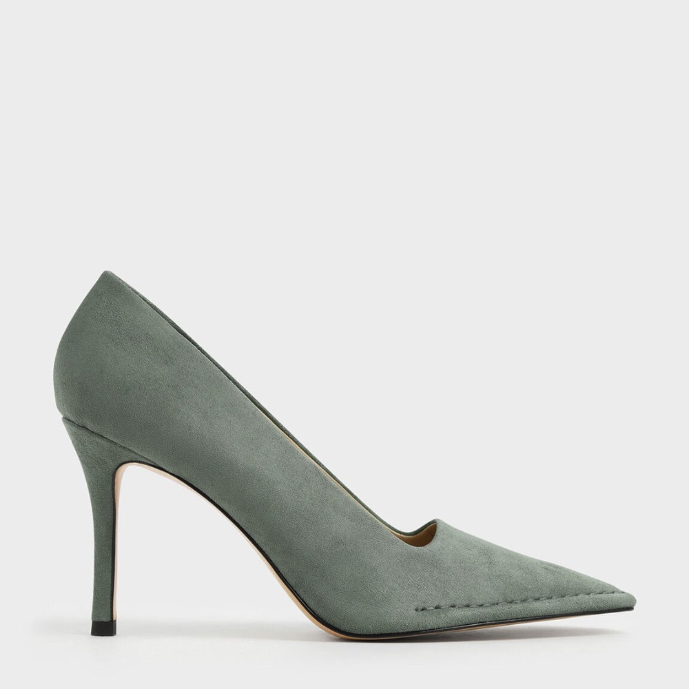 Charles & Keith Stitch Trim Textured Stiletto Pumps - Sage Green